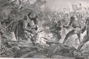 Philip viel opnieuw aan totdat hij door de Engelse infanterie van zijn paard werd getrokken, illustratie uit 